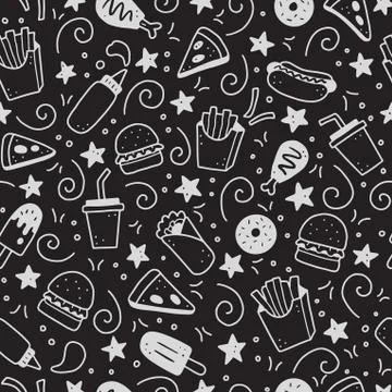 Hand drawn seamless pattern of fast food doodle. Vector illustration. Illustrazione stock