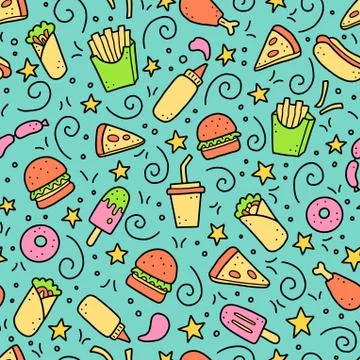 Hand drawn seamless pattern of fast food doodle. Vector illustration. Stock Illustration
