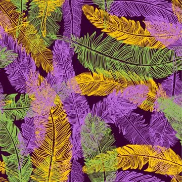Hand drawn seamless pattern of feathers. Mardi gras color. Stock Illustration