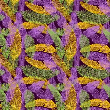 Hand drawn seamless pattern of feathers. Mardi gras color. Stock Illustration