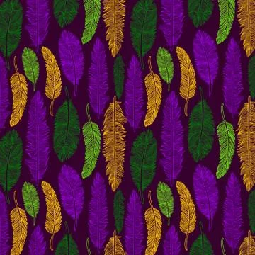 Hand drawn seamless pattern of feathers. Mardi gras color. Stock Illustration