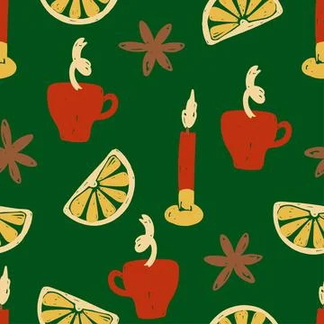 Hand drawn seamless pattern featuring cozy mugs, candles, and citrus on dark Stock Illustration