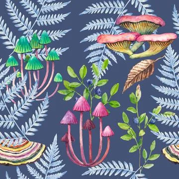 Hand drawn seamless pattern with fern leaves and mushrooms. Detailed watercolor Stock Illustration
