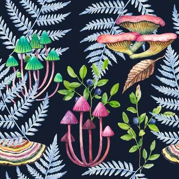 Hand drawn seamless pattern with fern leaves and mushrooms. Detailed watercolor Stock Illustration