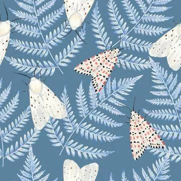 Hand drawn seamless pattern with fern leaves and white cute moths. Detailed Stock Illustration