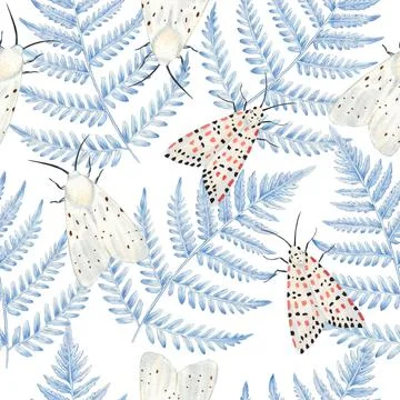 Hand drawn seamless pattern with fern leaves and white cute moths. Detailed Stock Illustration