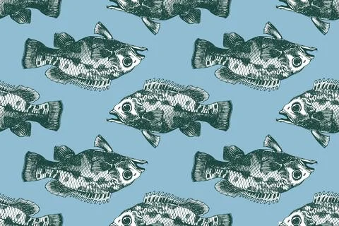 Hand drawn Seamless pattern a fish. Market. Seafood menu. Brush design elemen イラスト素材