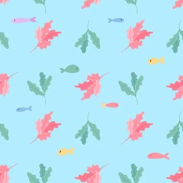 Hand drawn Seamless pattern with fishes and seaweed. Vector image for kids .. Stock Illustration