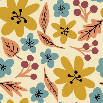 Hand drawn seamless pattern with floral flowers in yellow mustard, beige blue Stock Illustration