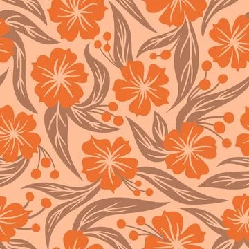 Hand drawn seamless pattern with floral flowers. Peach fuzz apricot orange Stock Illustration