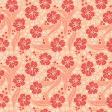 Hand drawn seamless pattern with floral flowers. Peach fuzz apricot orange Stock Illustration