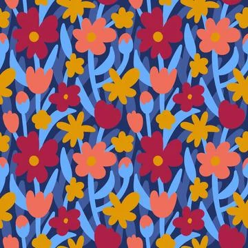 Hand drawn seamless pattern with flower floral elements, blue red yellow blossom Illustrazione stock