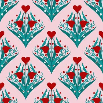 Hand drawn seamless pattern in flower floral st Valentine day style. Elegant Stock Illustration