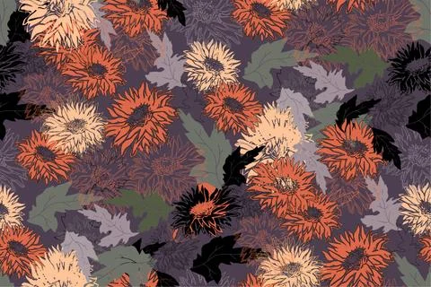 Hand drawn seamless pattern of flowers chrysanthemum in full bloom. Stock Illustration