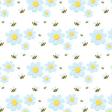 Hand-drawn seamless pattern with flowers and bees. Stock Illustration
