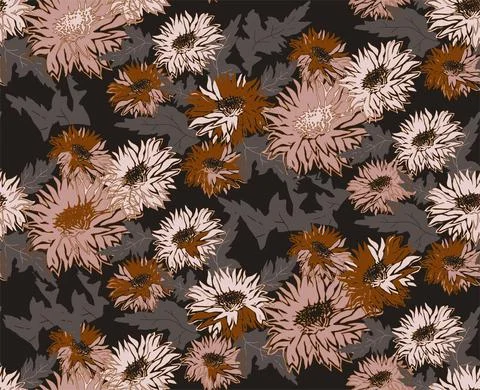 Hand drawn seamless pattern of flowers chrysanthemum in earth tones. Stock Illustration