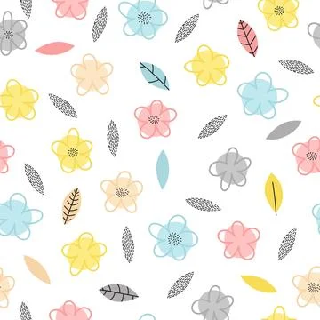 Hand drawn seamless pattern with flowers and leaves. Cute floral background.. Stock Illustration