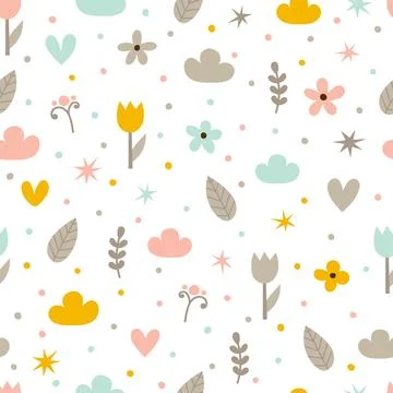 Hand drawn seamless pattern with flowers, stars, hearts and clouds. Creativ.. イラスト素材