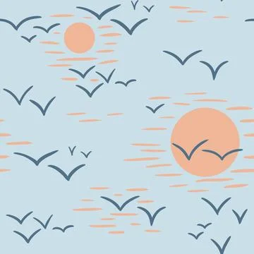 Hand drawn seamless pattern with flying birds seagulls on blue sky orange sun Stock Illustration