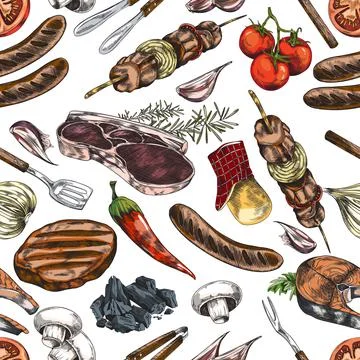 Hand drawn seamless pattern with food and tools for barbecue and grill Stock Illustration