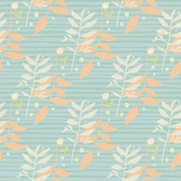 Hand drawn seamless pattern with forest doodle branch silhouettes. Blue strip Illustrazione stock