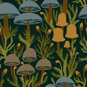 Hand drawn seamless pattern with forest mushroom fungi in grey blue brown on Stock Illustration