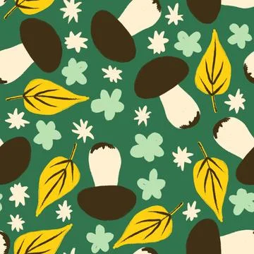 Hand drawn seamless pattern with forest mushroom fungi in brown yellow leaves on Stock Illustration