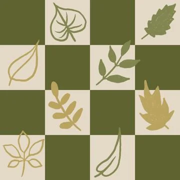 Hand drawn seamless pattern with forest tree leaves on checks checkered Stock Illustration