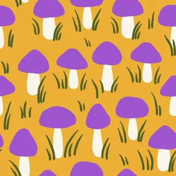 Hand drawn seamless pattern with forest mushroom fungi in pirple yellow leaves Stock Illustration