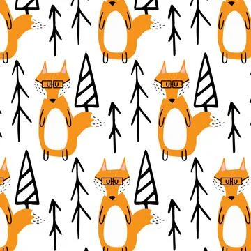 Hand-drawn seamless pattern with fox Stock Illustration