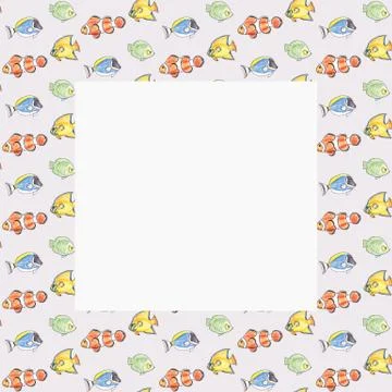 Hand drawn seamless pattern frame with colorful fishes on a gray background. Stock Illustration