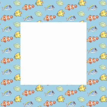 Hand drawn seamless pattern frame with colorful fishes on a blue background. Illustrazione stock