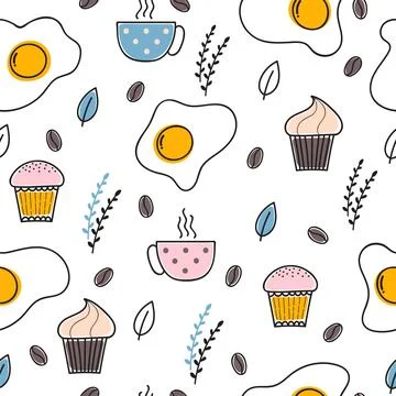 Hand drawn seamless pattern with fried eggs, coffee and cupcakes. Breakfast.. Illustrazione stock
