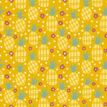 Hand drawn seamless pattern of fruit pineapple tropical jungle, summer cute Stock Illustration