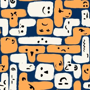 Hand drawn seamless pattern with funny geometric tetris shapes in yellow orange Stock Illustration