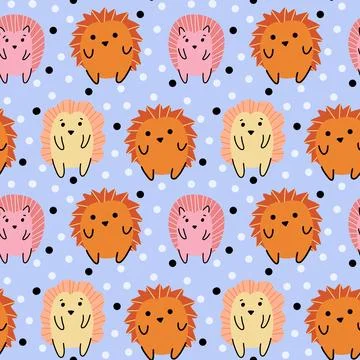 Hand drawn seamless pattern with funny cute animal hedgehogs on blue background Stock Illustration