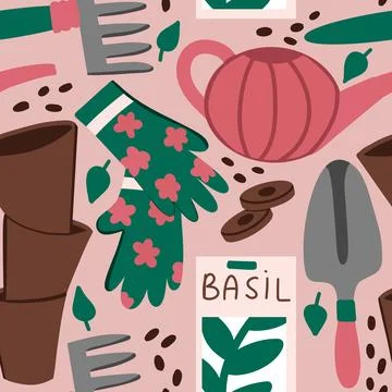 Hand drawn seamless pattern with garden gardening tools gloves shovel rake seeds Stock Illustration