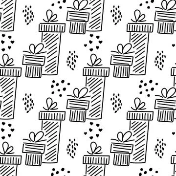 Hand drawn seamless pattern with gift boxes and bows . Doodle line style. Stock Illustration
