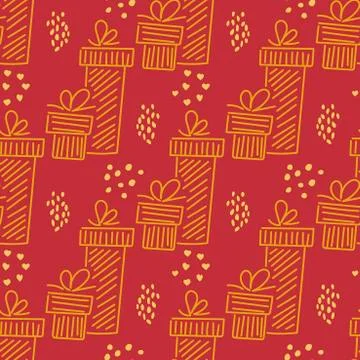 Hand drawn seamless pattern with gift boxes and bows . Doodle line style. Pri Stock Illustration