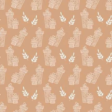 Hand drawn seamless pattern with gift boxes and bows . Doodle line style. Stock Illustration