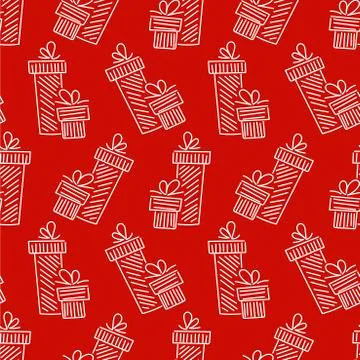 Hand drawn seamless pattern with gift boxes and bows . Doodle line style. Stock Illustration