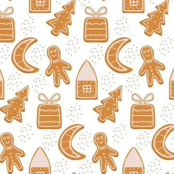 Hand-drawn seamless pattern with gingerbread. Stock Illustration