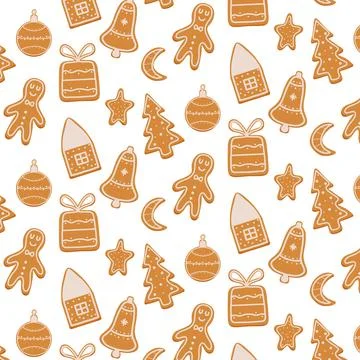 Hand-drawn seamless pattern with gingerbread. Stock Illustration