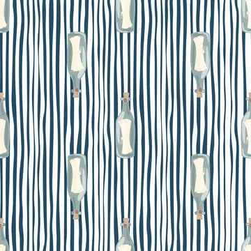 Hand drawn seamless pattern with glass bottle with message ornament. Striped  Stock Illustration