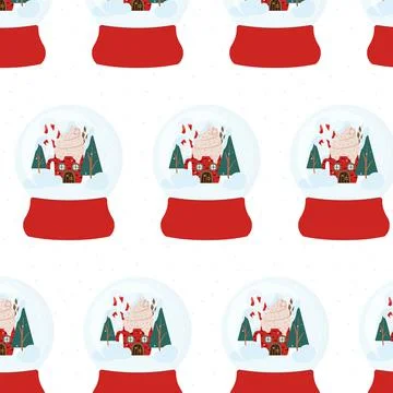 Hand-drawn seamless pattern with glass snow globe Stock Illustration