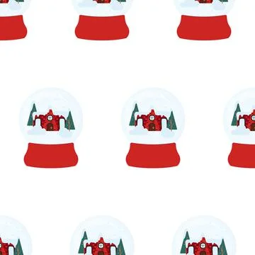 Hand-drawn seamless pattern with glass snow globe Stock Illustration