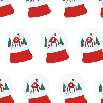 Hand-drawn seamless pattern with glass snow globe Stock Illustration
