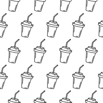 Hand drawn seamless pattern with glass of coffee, chocolate, cocoa, americano or Stock Illustration
