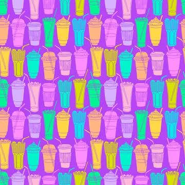 Hand drawn seamless pattern with to go cups and glasses various shapes brig.. Stock Illustration