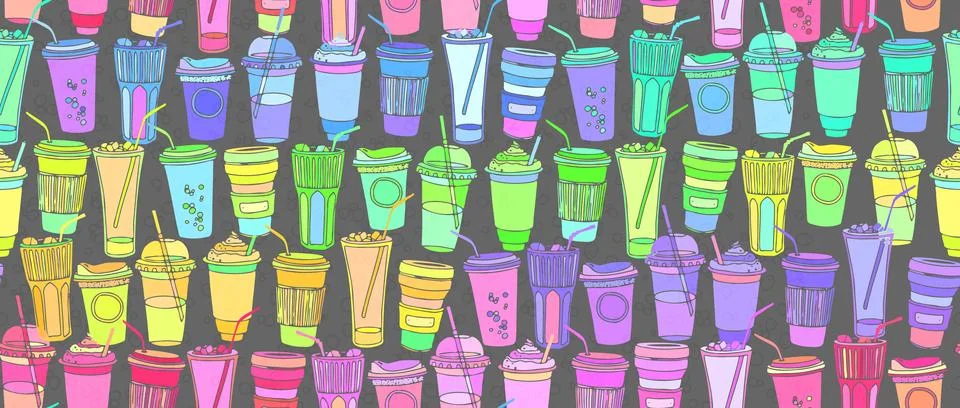 Hand drawn seamless pattern with to go cups and glasses various shapes brig.. Stock Illustration